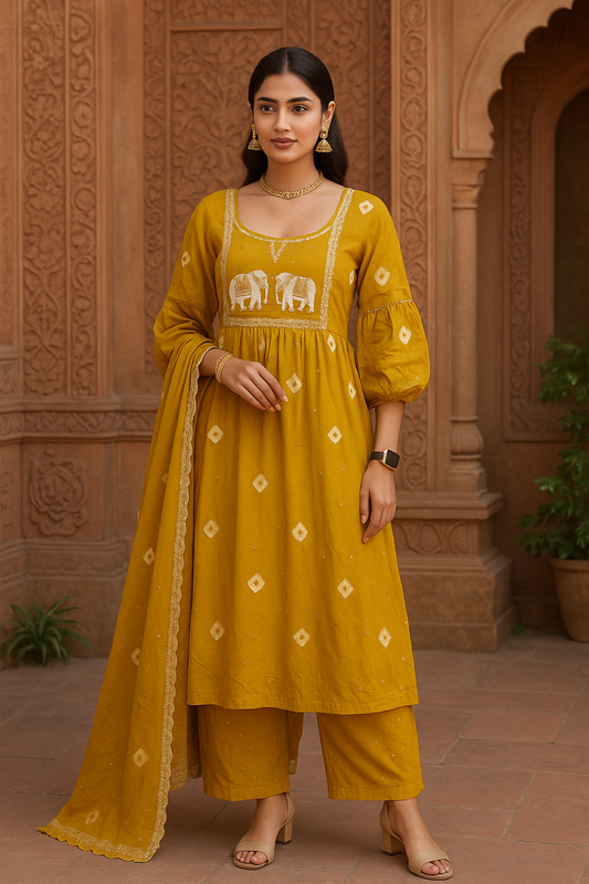 Royal Mustard Elephant Embroidered Anarkali Set with Dupatta