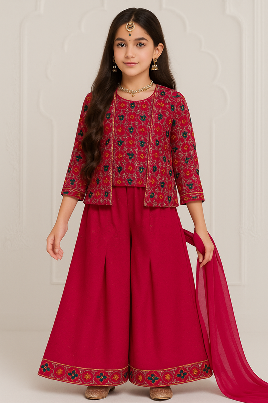 Girls Fuchsia Embroidered Palazzo Set with Jacket -17019