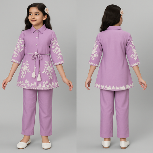 Embroidered Light Purple Tunic Pant Set 2211