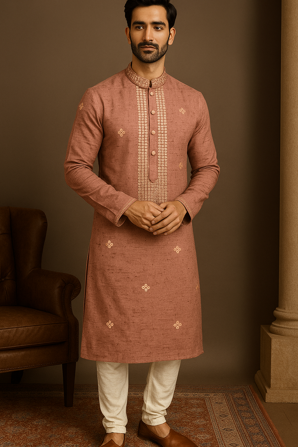 Embroidered Khadi Silk-Blend Festive Kurta – Rose Brown