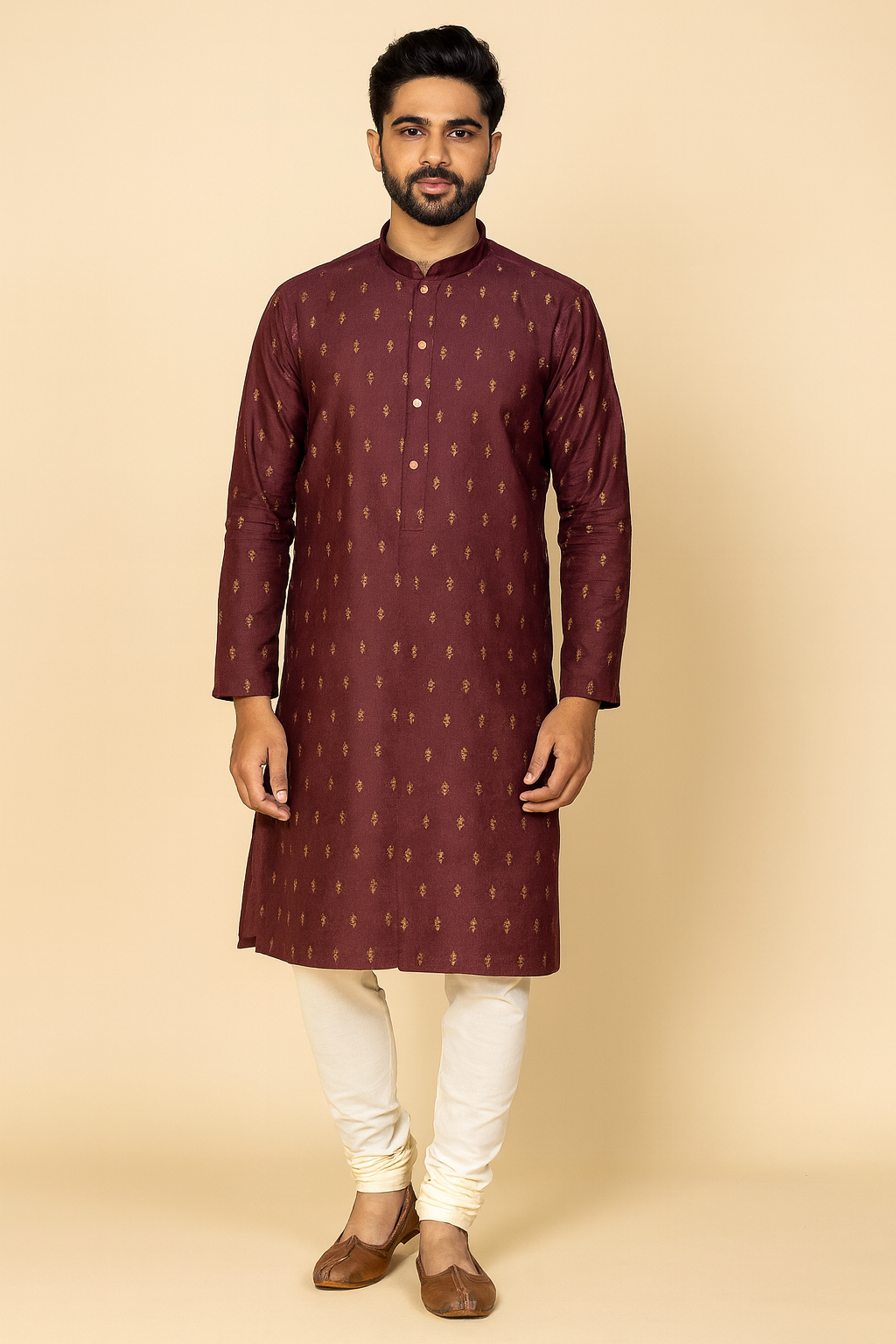 Regal Motif Embroidered Men’s Kurta – Wine Gold