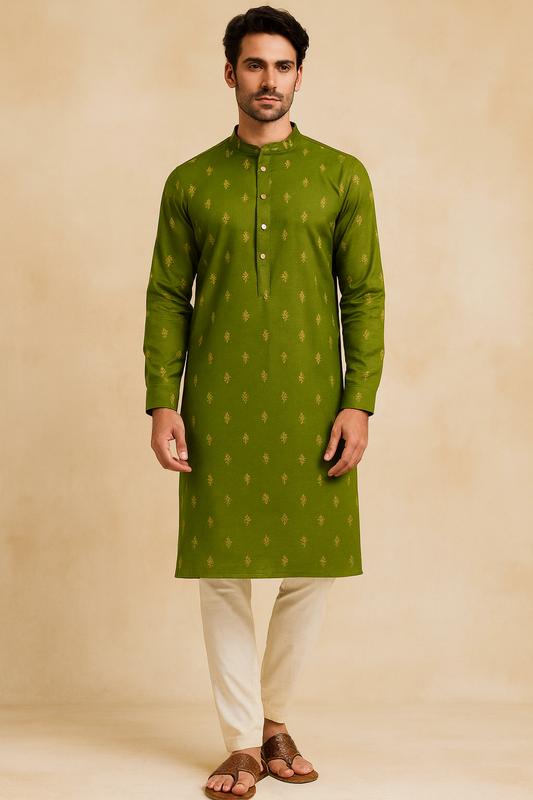 Regal Motif Embroidered Men’s Kurta – Olive Green