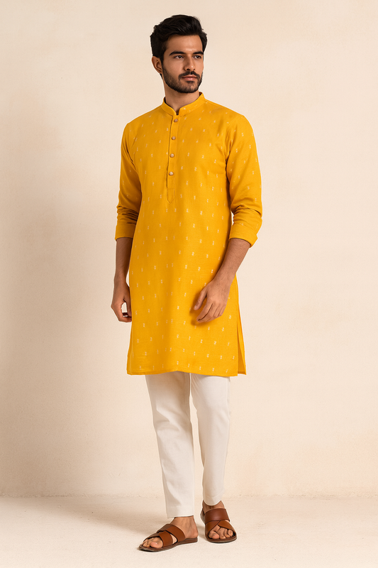 Regal Motif Embroidered Men’s Kurta – Mustard Yellow