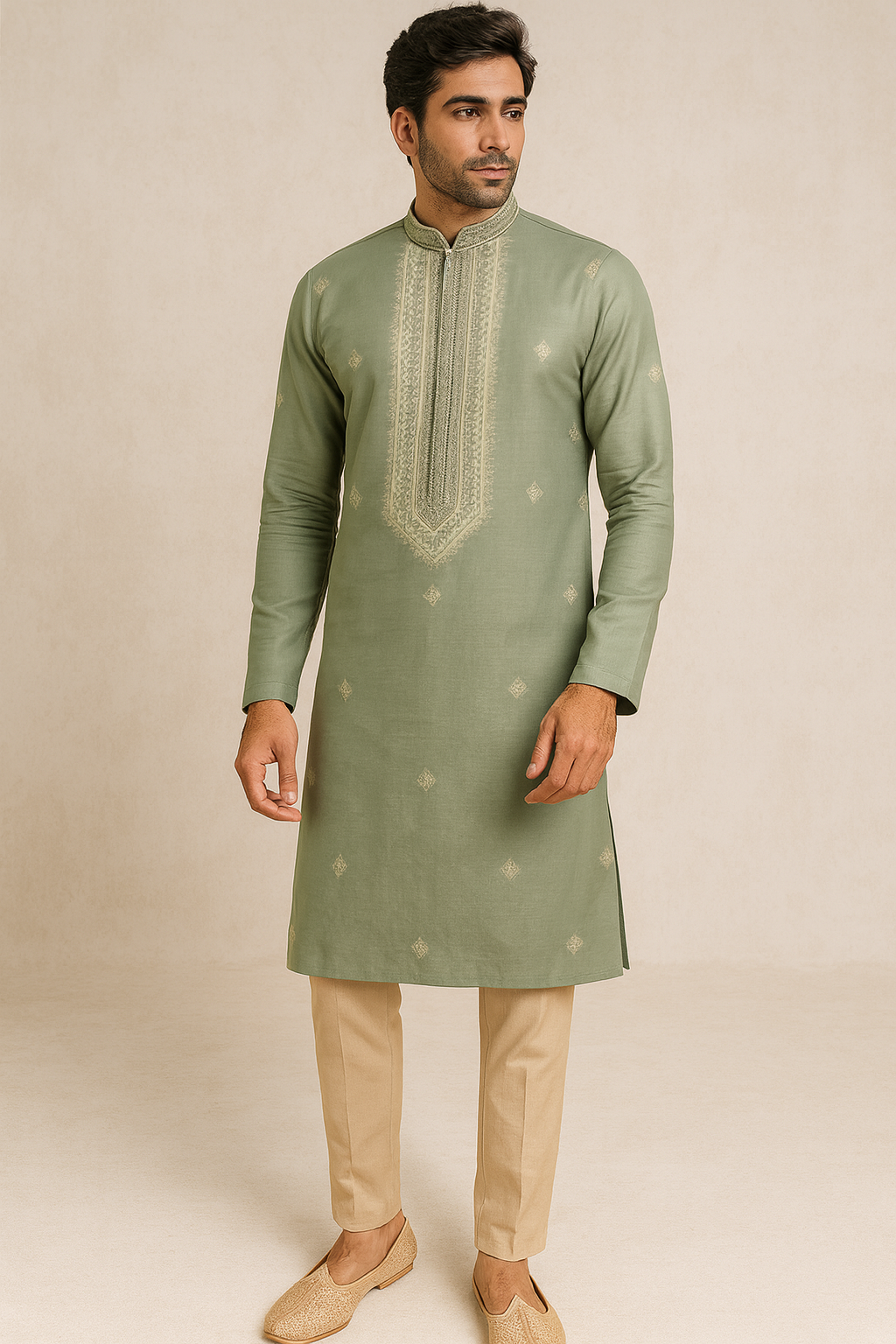 Sage Green Royal Embroidered Kurta for Men