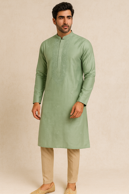 Mint Green Floral Embroidered Kurta for Men