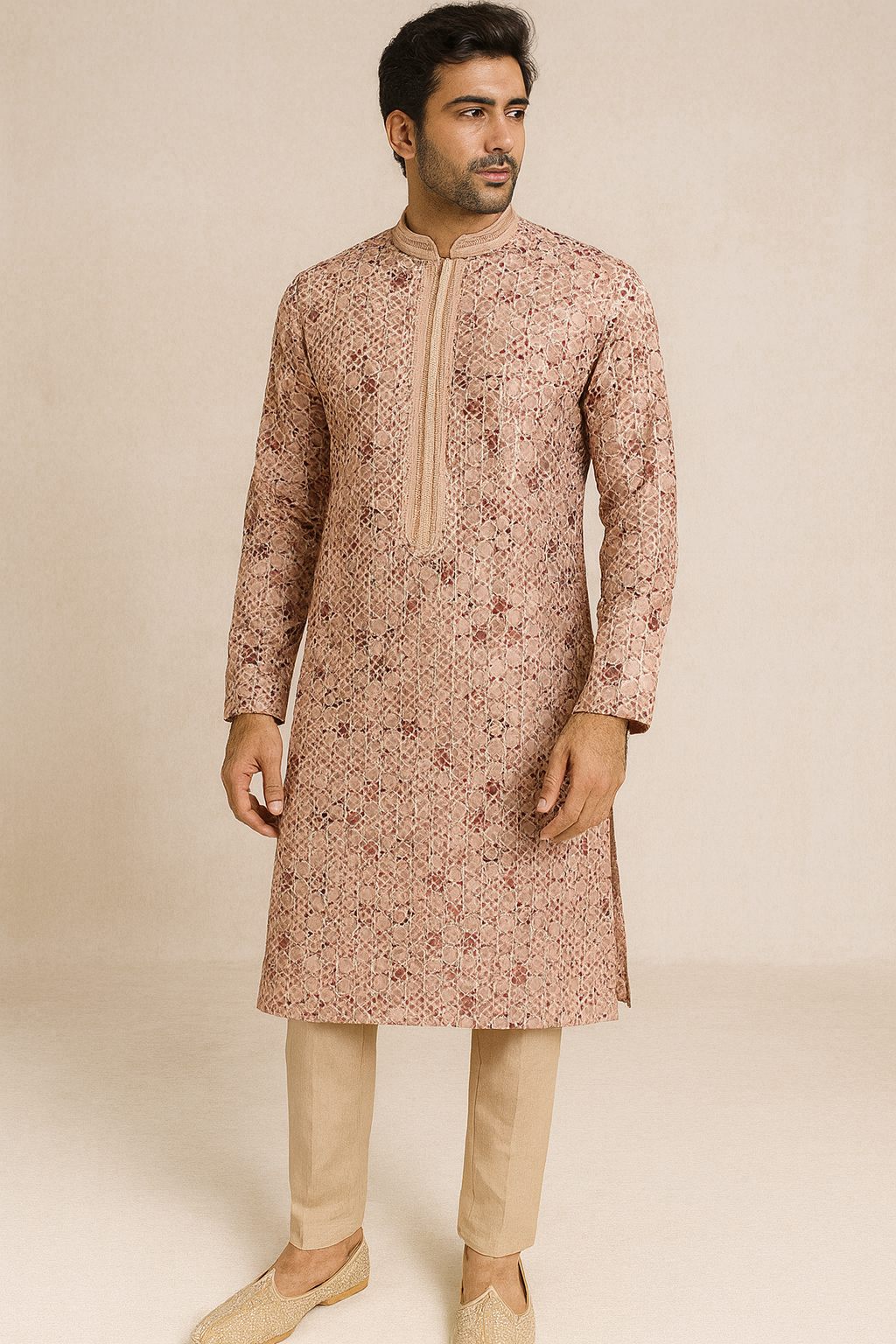 Rose Pink Geometric Embroidered Kurta for Men