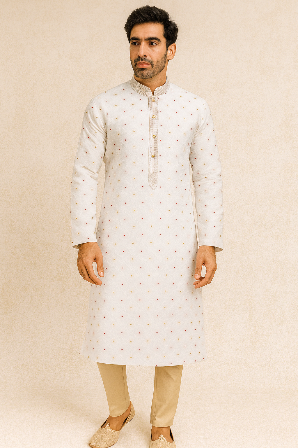White Pearl Dotted Embroidered Kurta