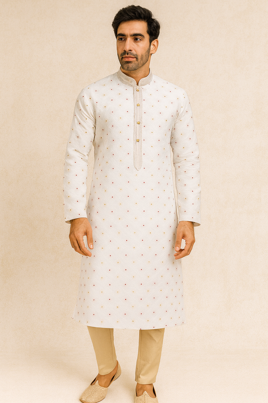 White Pearl Dotted Embroidered Kurta