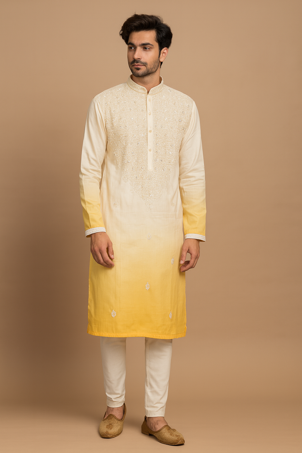 Cream Yellow Ombré Embroidered Kurta ✨