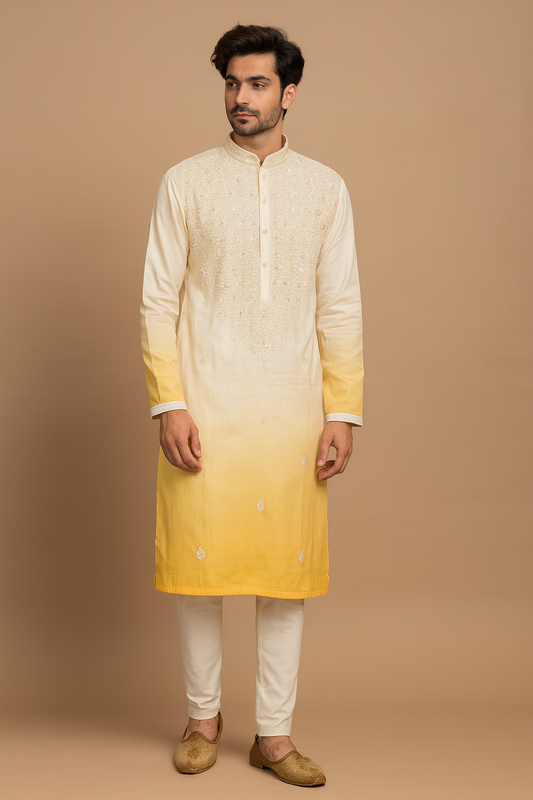 Cream Yellow Ombré Embroidered Kurta ✨