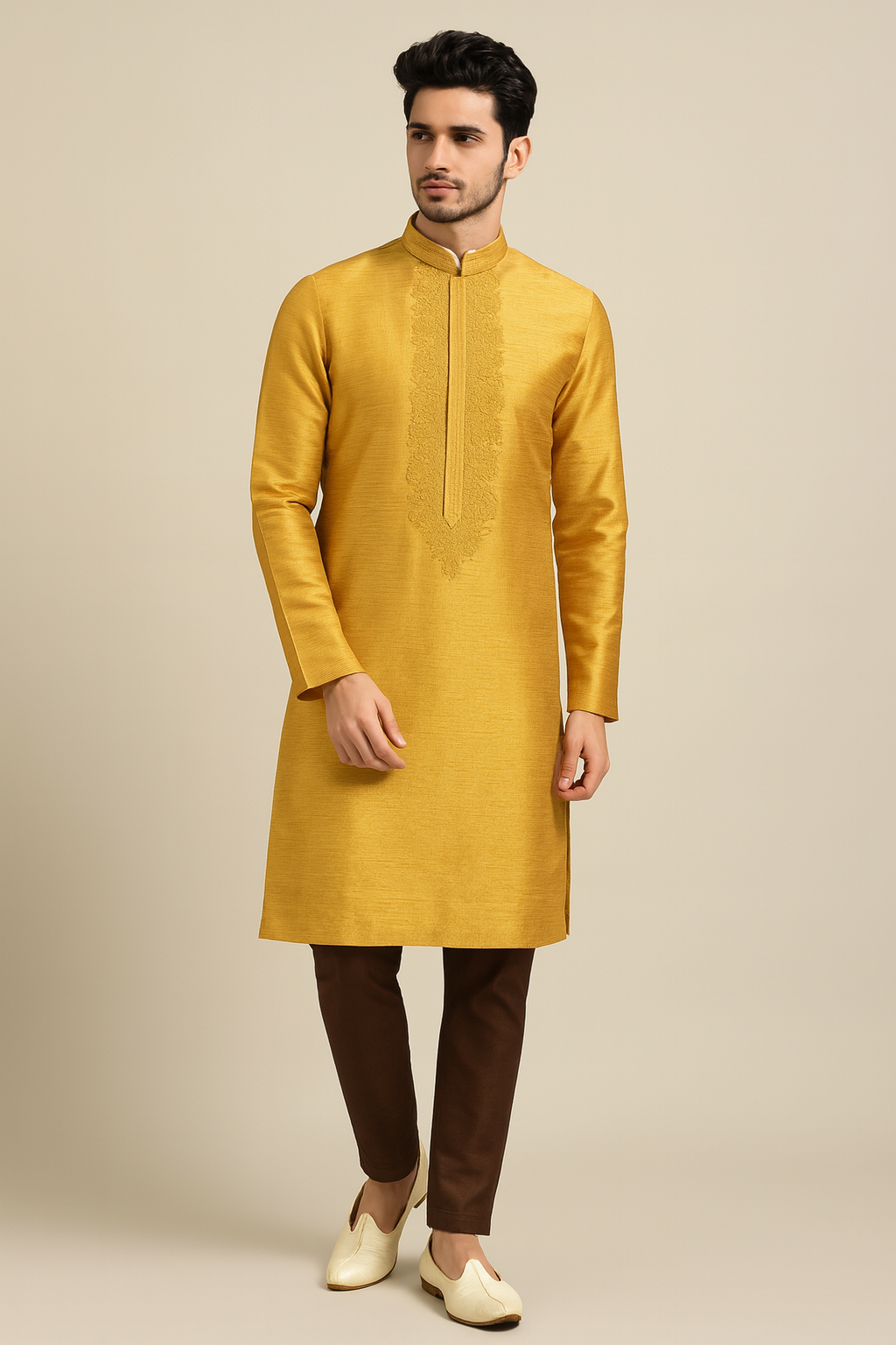 Mustard Yelllow Embroidered Men’s Kurta