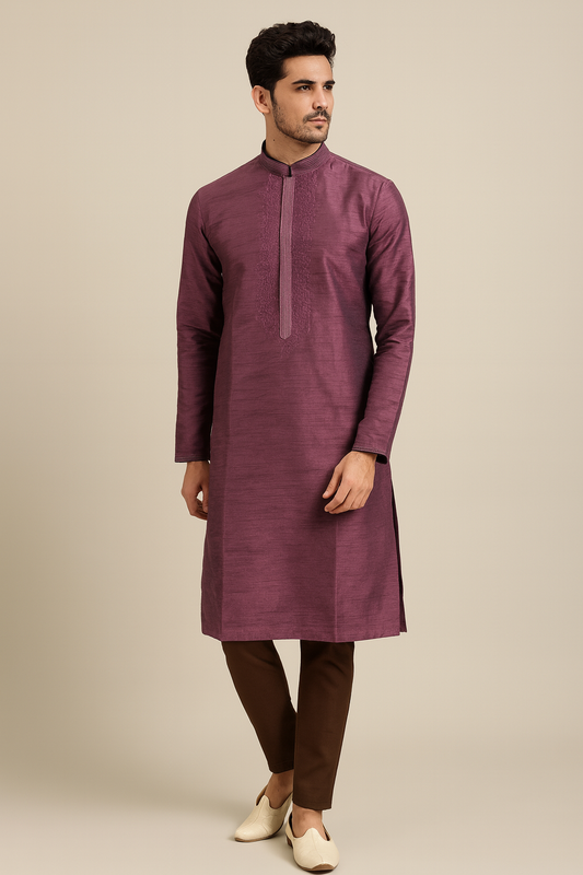Royal Plum Embroidered Men's Kurta
