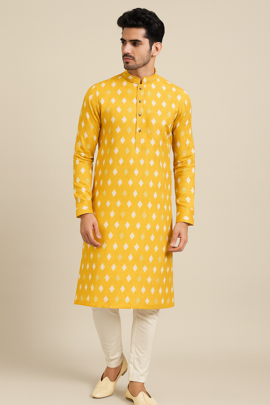 Sunshine yellow Printed Men's Kurta