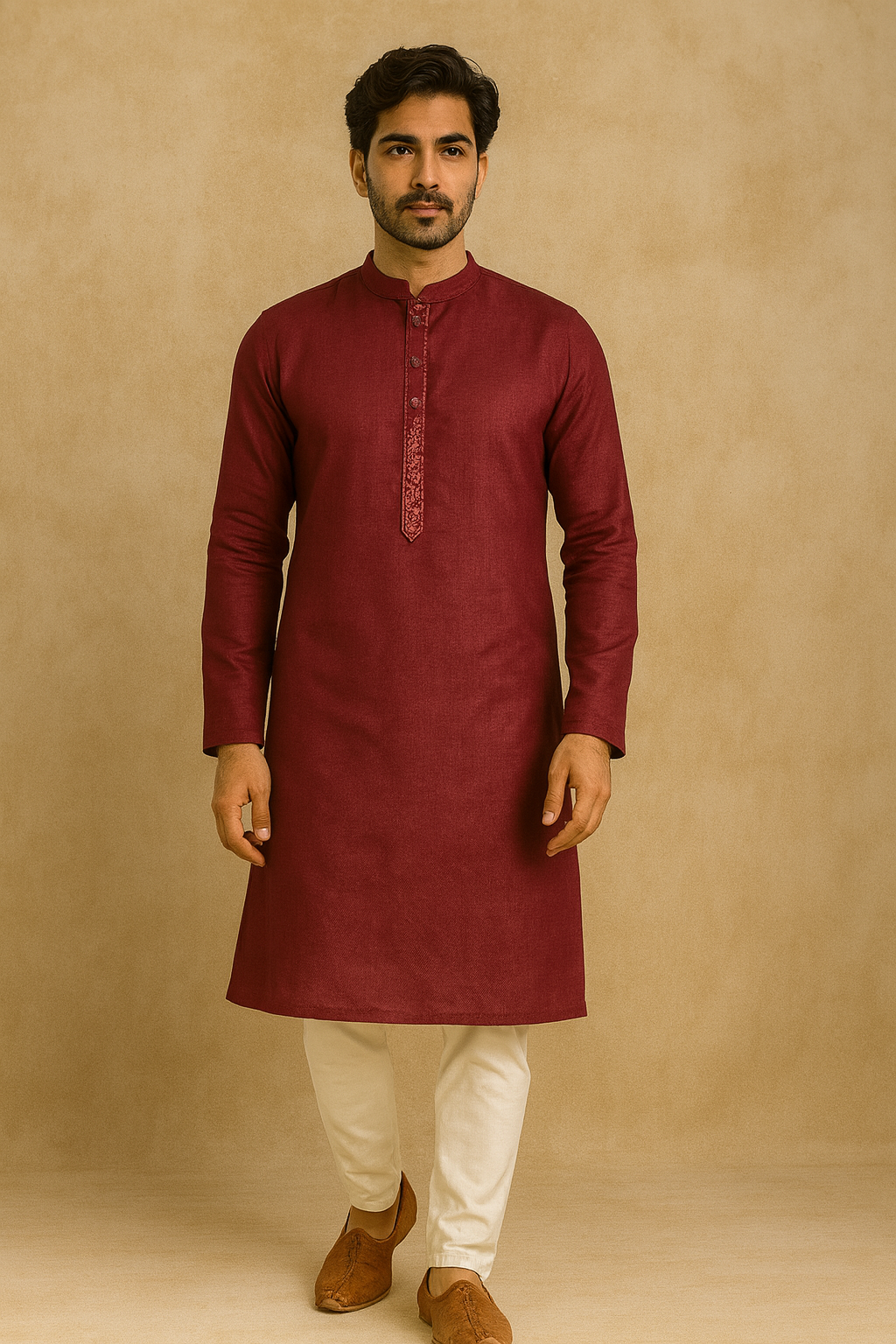 Elegant Textured Men's Kurta – Wine Maroon