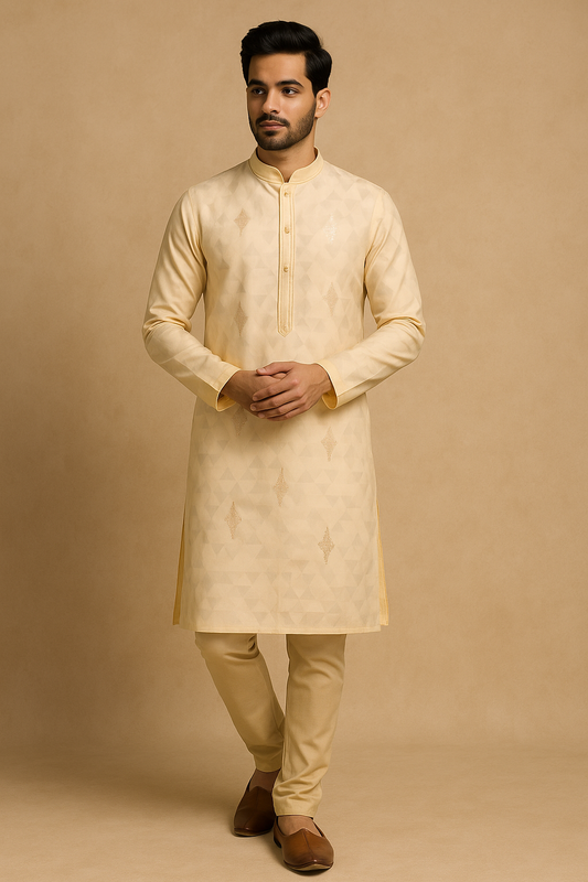 Elegant Cotton Silk Men's Kurta – Cream Gold