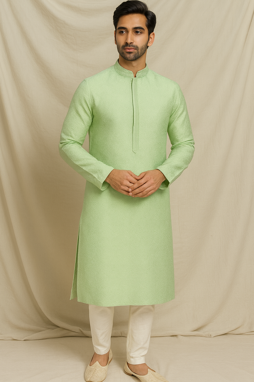 Mint Breeze Jacquard Cotton Silk Kurta – Men’s Tailored Fit