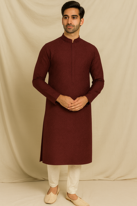 Wine Jacquard Cotton Silk Kurta – Men’s Tailored Fit