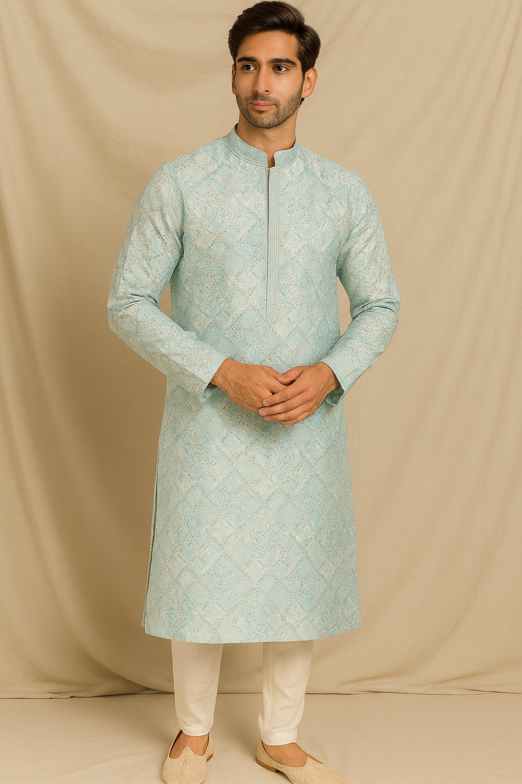 Aqua Royale Jacquard Silk Kurta – Men’s Tailored Fit