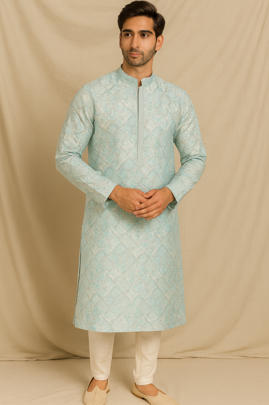 Aqua Royale Jacquard Silk Kurta – Men’s Tailored Fit