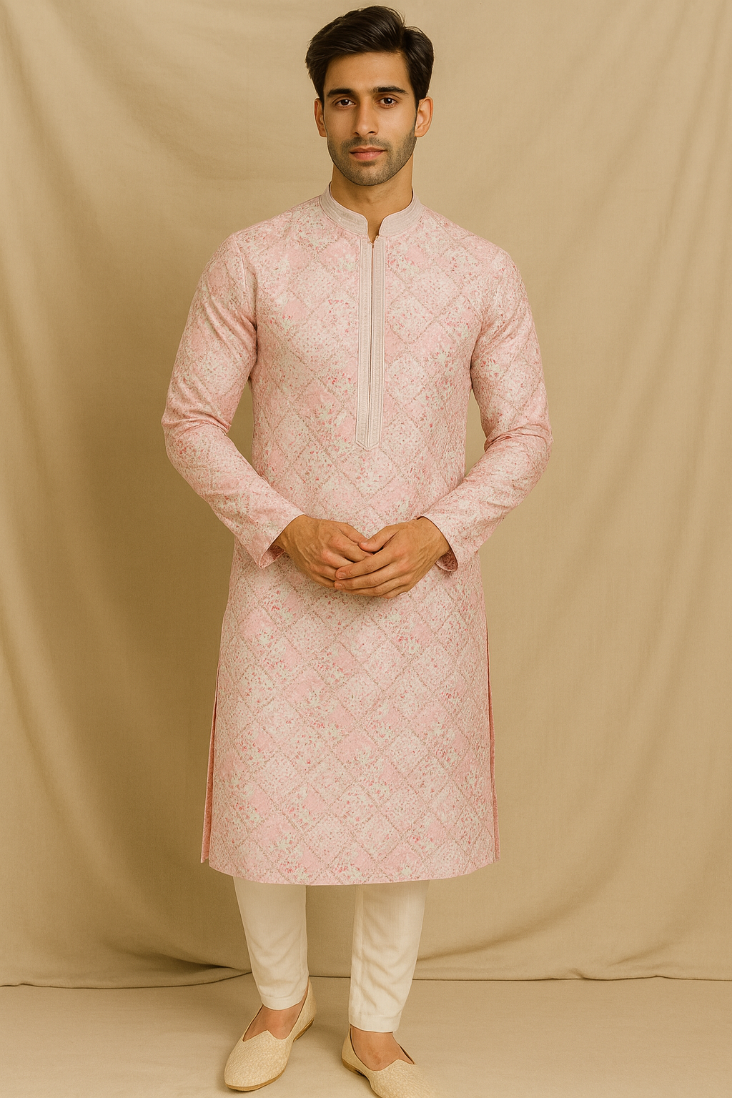 Pink Royale Jacquard Silk Kurta – Men’s Tailored Slim Fit