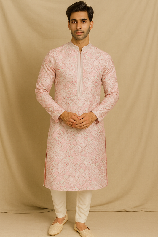 Pink Royale Jacquard Silk Kurta – Men’s Tailored Slim Fit