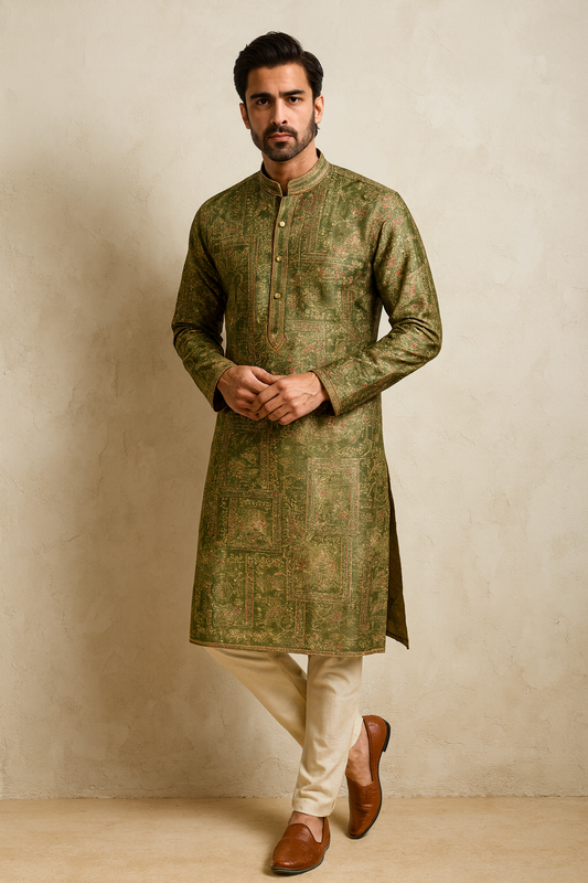 Regal Olive Gold Embroidered Men's Kurta Set