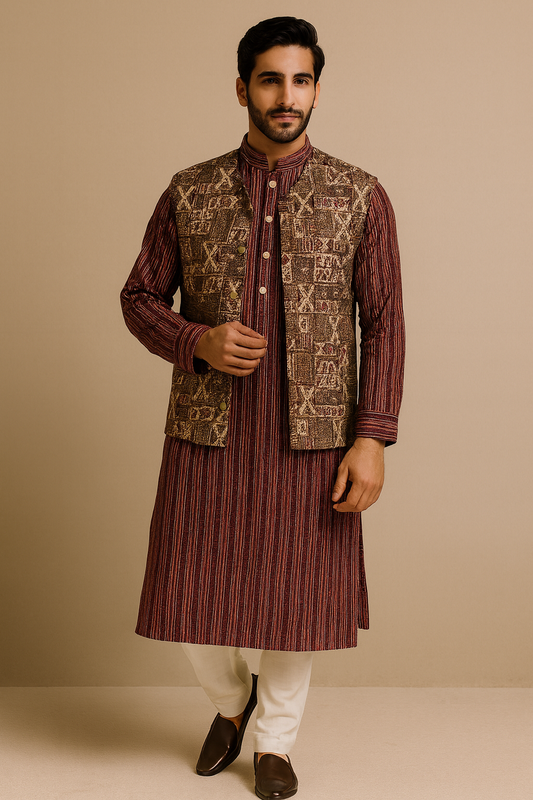 Regal Maroon Textured Kurta Set With Jacquard Nehru Jacket