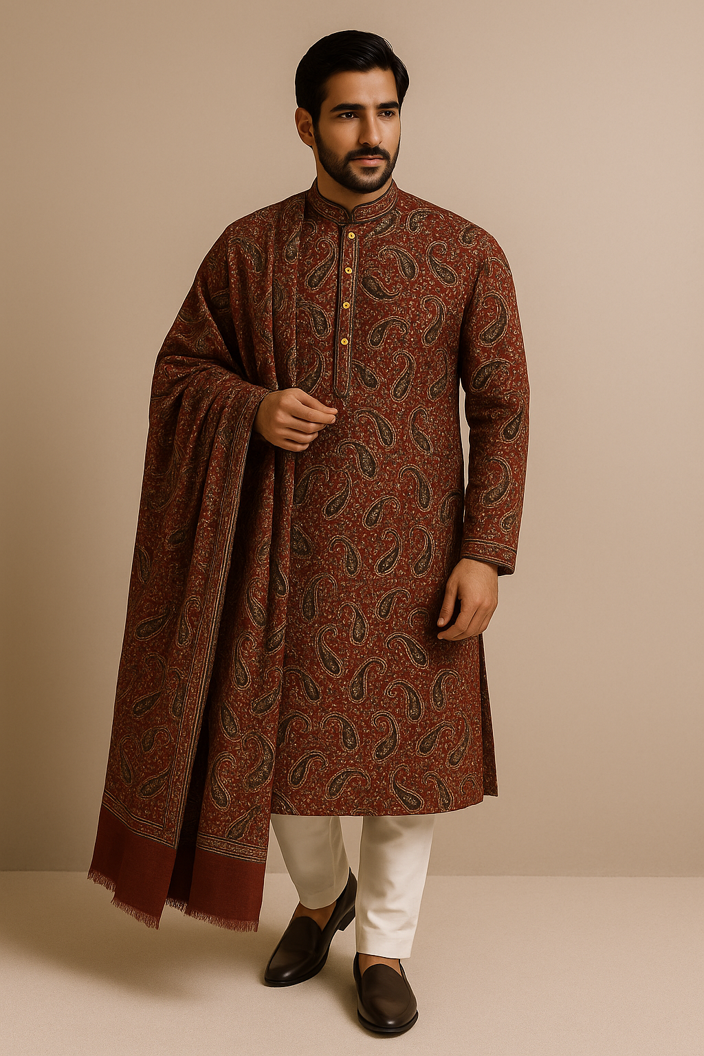 Royal Maroon Paisley Kurta Set with Matching Shawl