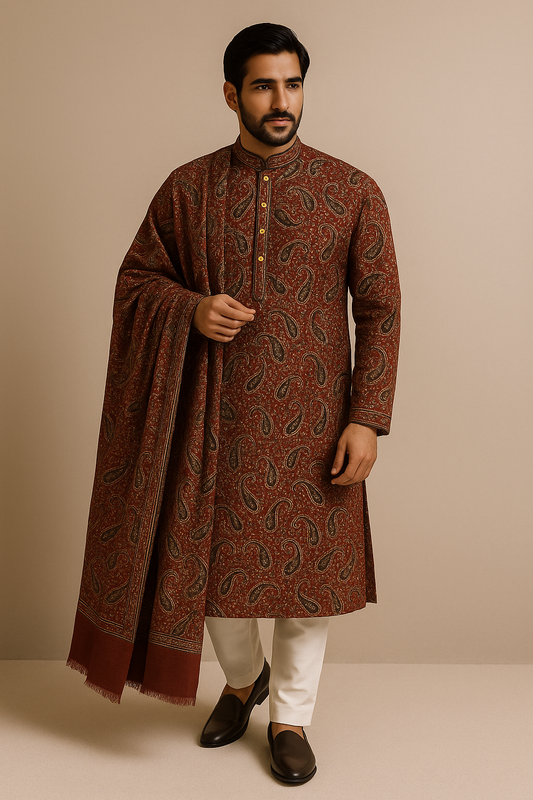 Royal Maroon Paisley Kurta Set with Matching Shawl