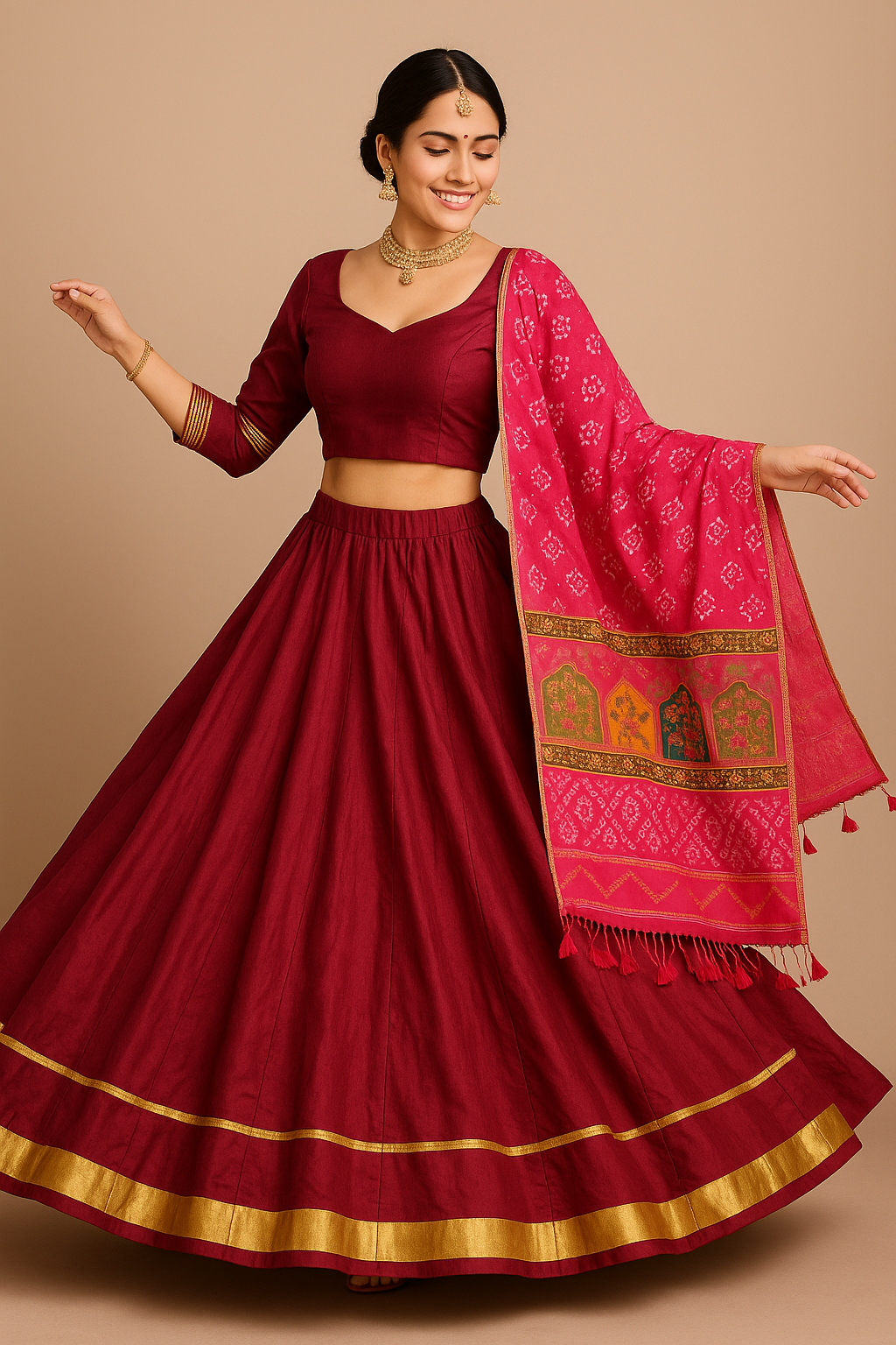 Maroon Cotton-Silk Lehenga Choli with Designer Dupatta
