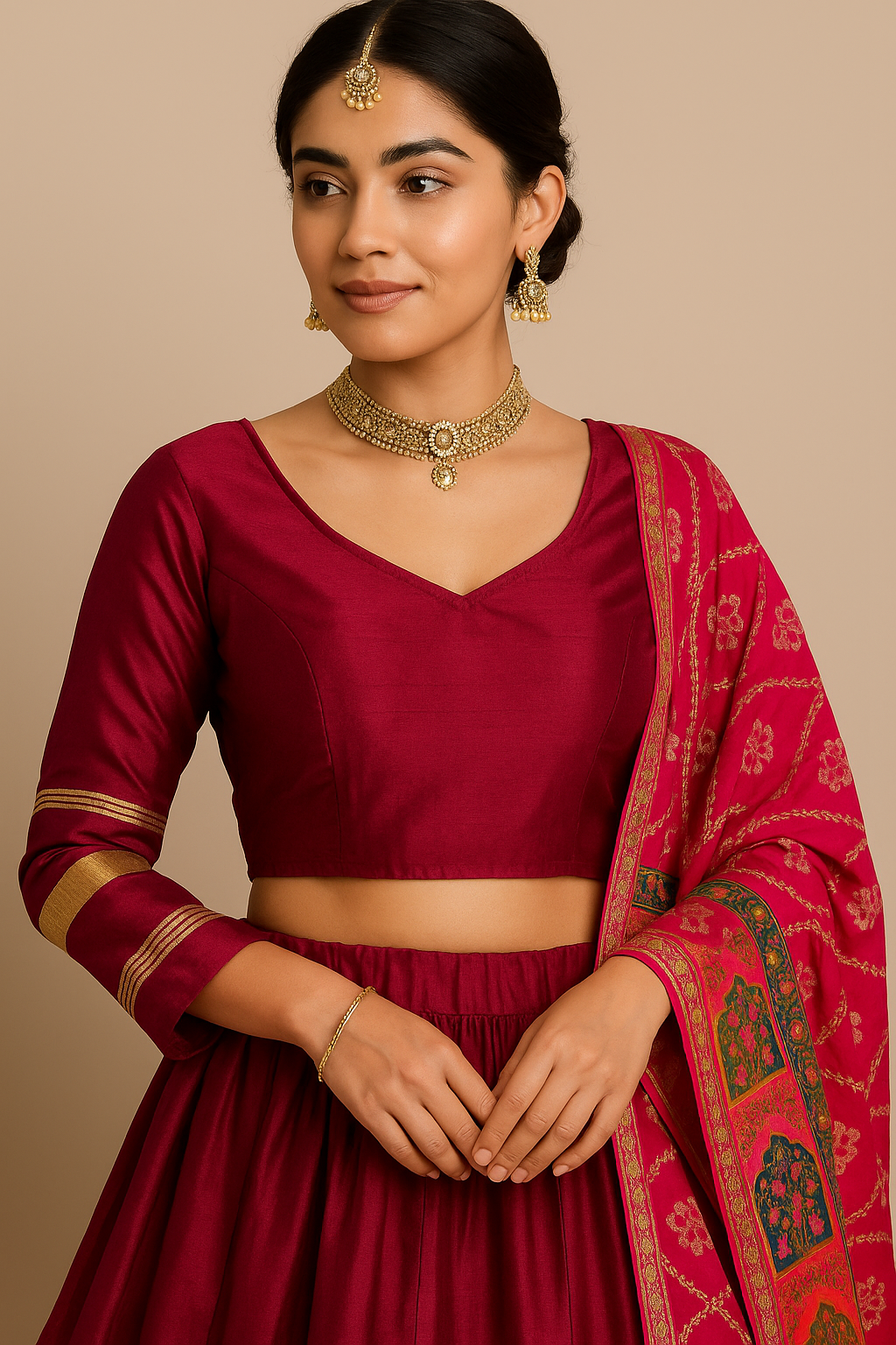 Maroon Cotton-Silk Lehenga Choli with Designer Dupatta
