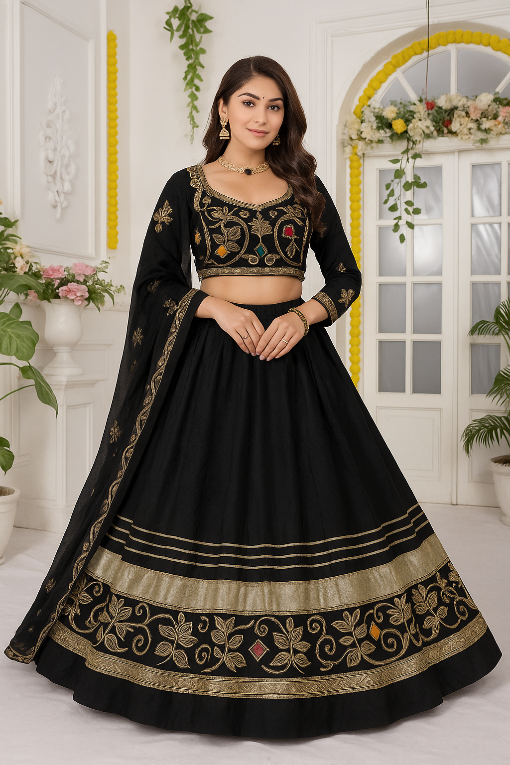 Black Regal Mirror-Work Lehenga Choli Set