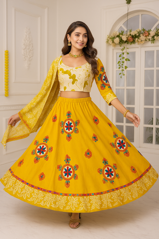 Premium Yellow Cotton Lehenga Choli Set