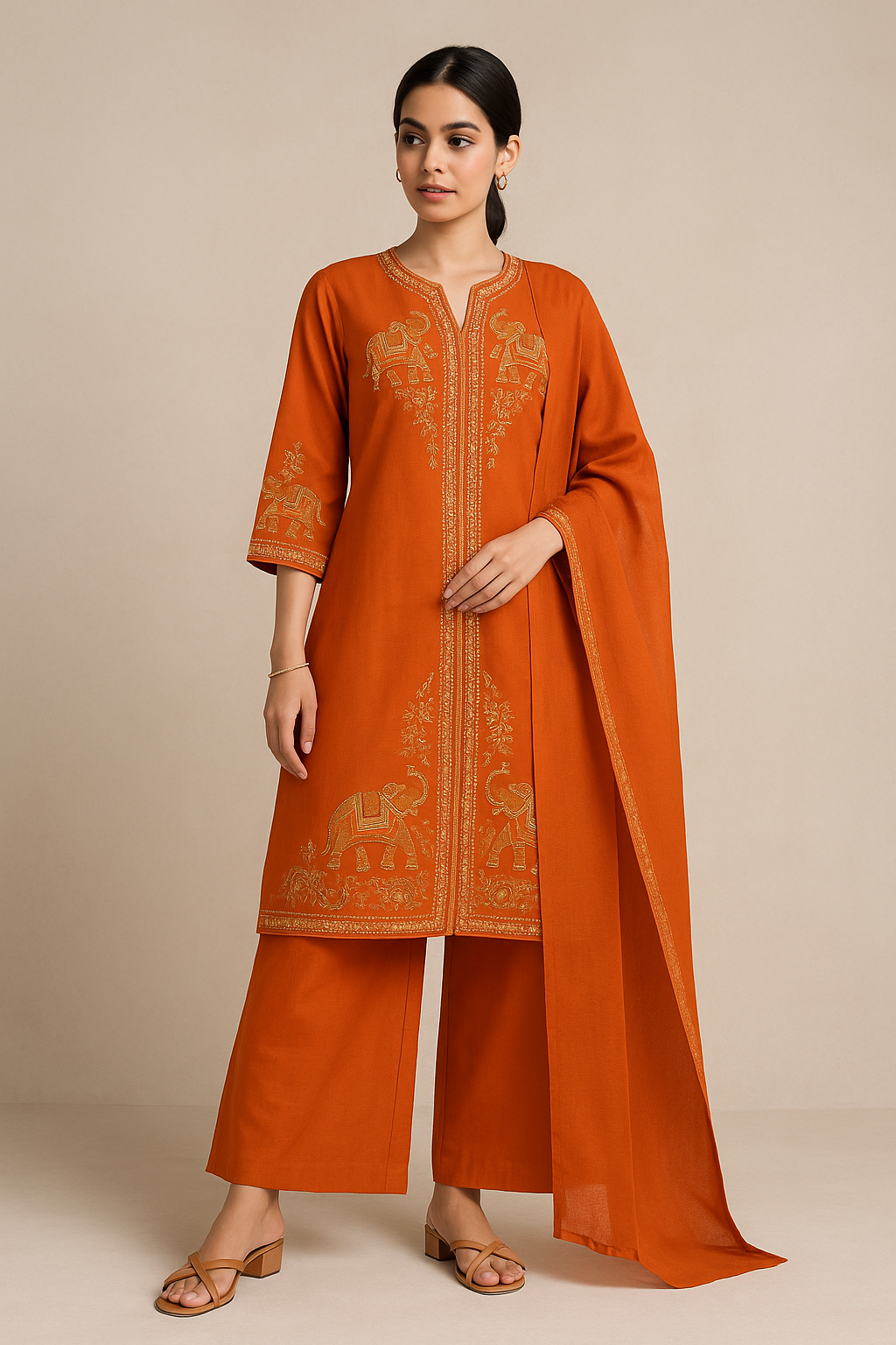 Rust Orange Embroidered Kurta Set with Dupatta