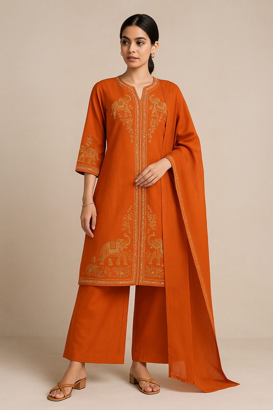 Rust Orange Embroidered Kurta Set with Dupatta