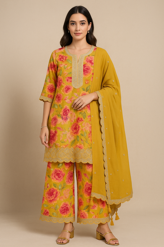 Floral Radiance: Mustard Rose Embroidered Kurti Set with Dupatta