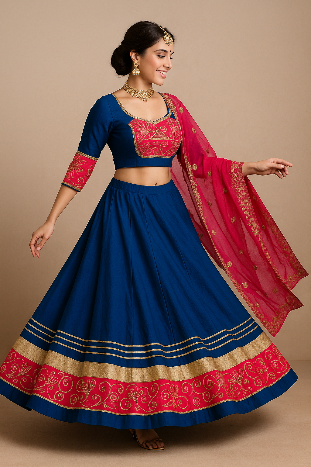 Royal Blue & Pink Embroidered Lehenga Choli Set