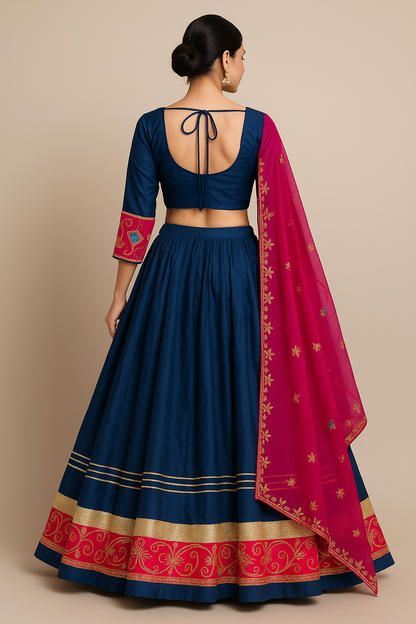 Royal Blue & Pink Embroidered Lehenga Choli Set