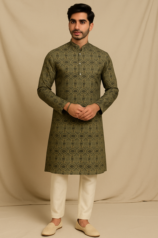 Olive Gold Jacquard Silk Kurta – Men’s Festive Wear