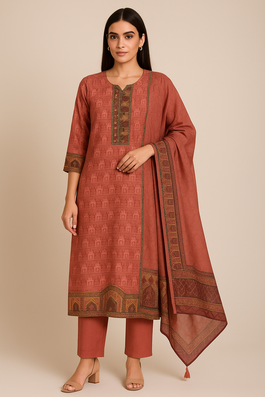 Woman wearing a traditional brown outfit with a matching dupatta on a beige background
