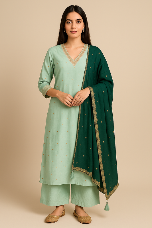 Woman wearing a light green kurta with a dark green dupatta on a beige background