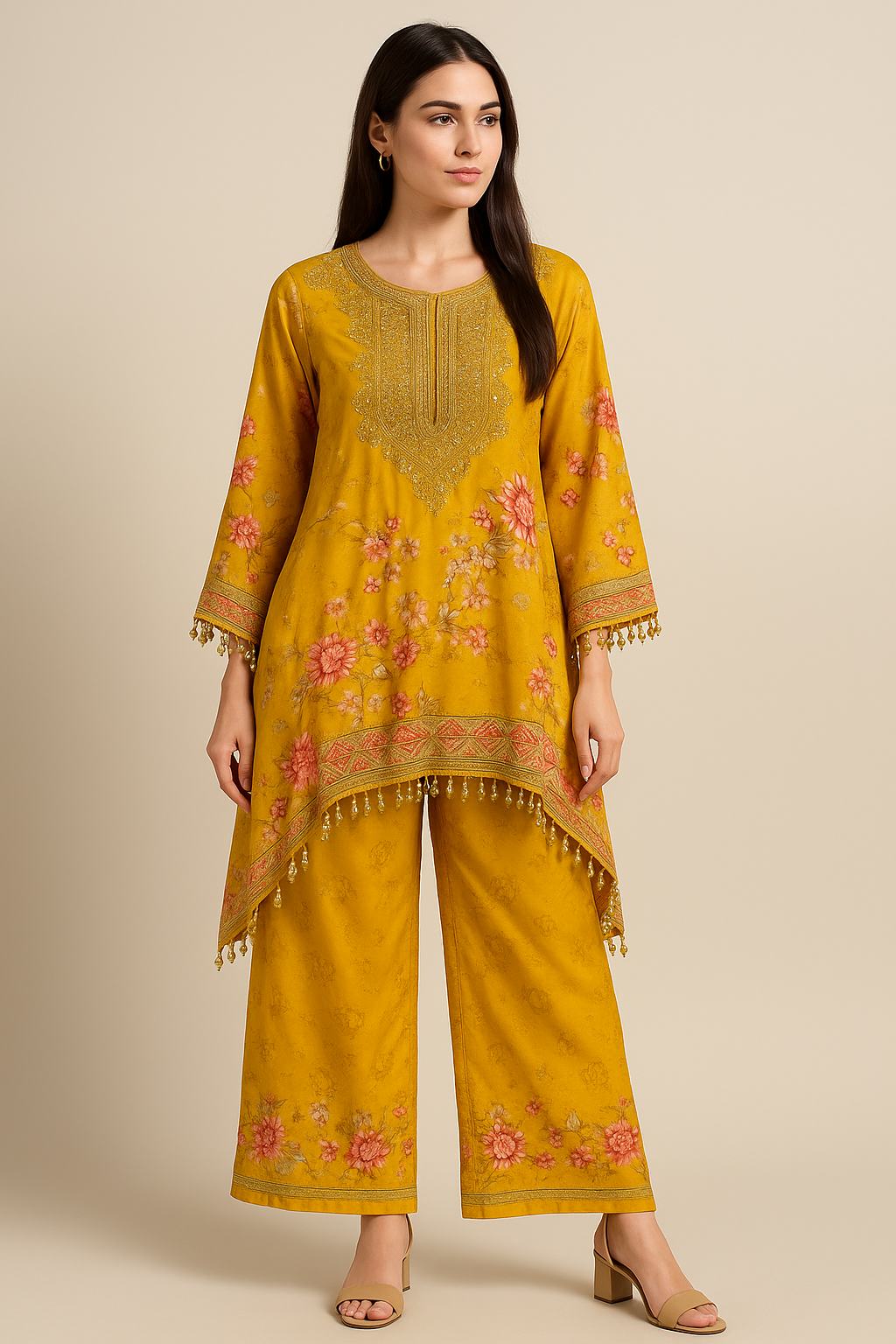 Woman wearing a mustard yellow embroidered outfit on a beige background