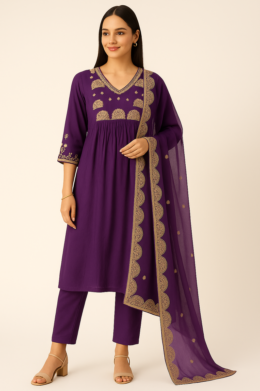 Woman wearing a purple traditional outfit with gold embroidery on a beige background