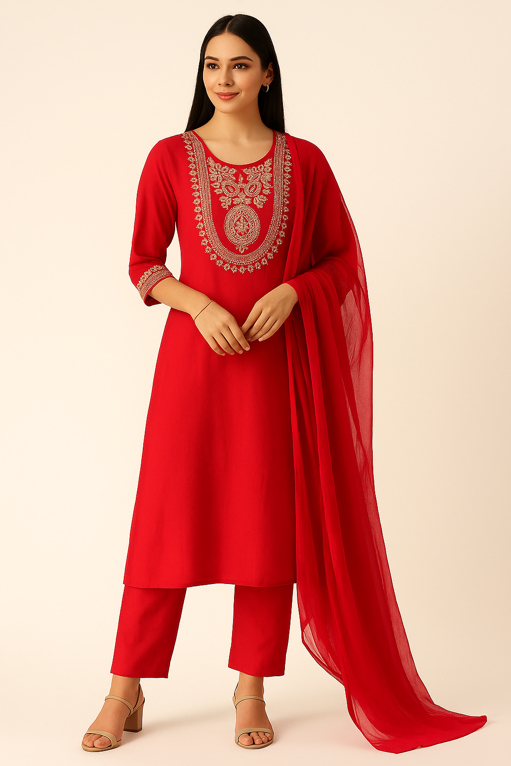 Woman wearing a red traditional outfit with embroidery on a beige background