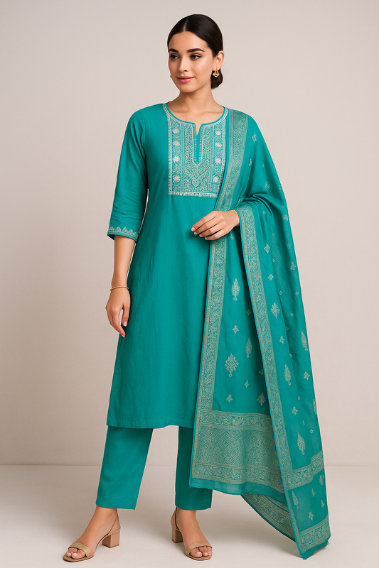 Aqua Green Mirror Work Kurta Set with Zari Dupatta