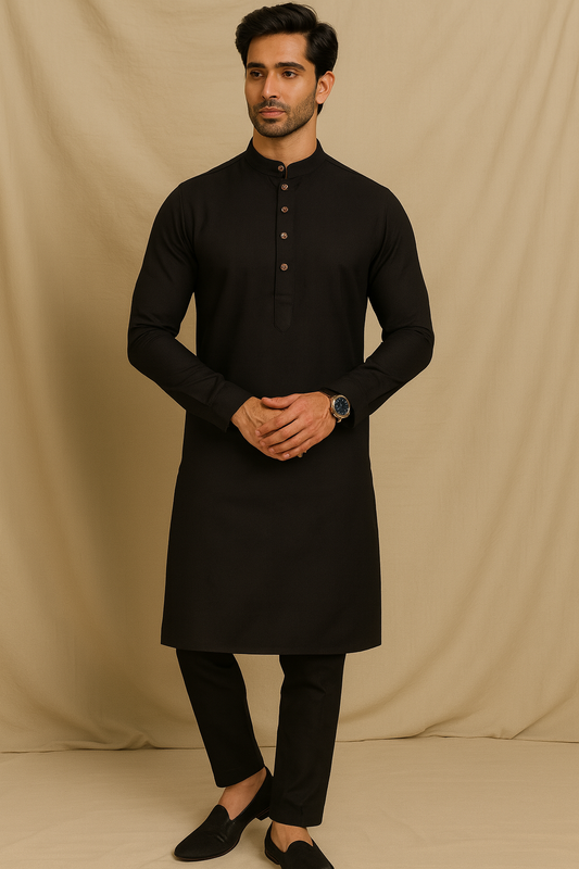 Black Royale Button Kurta - Men's Ethnic Wear