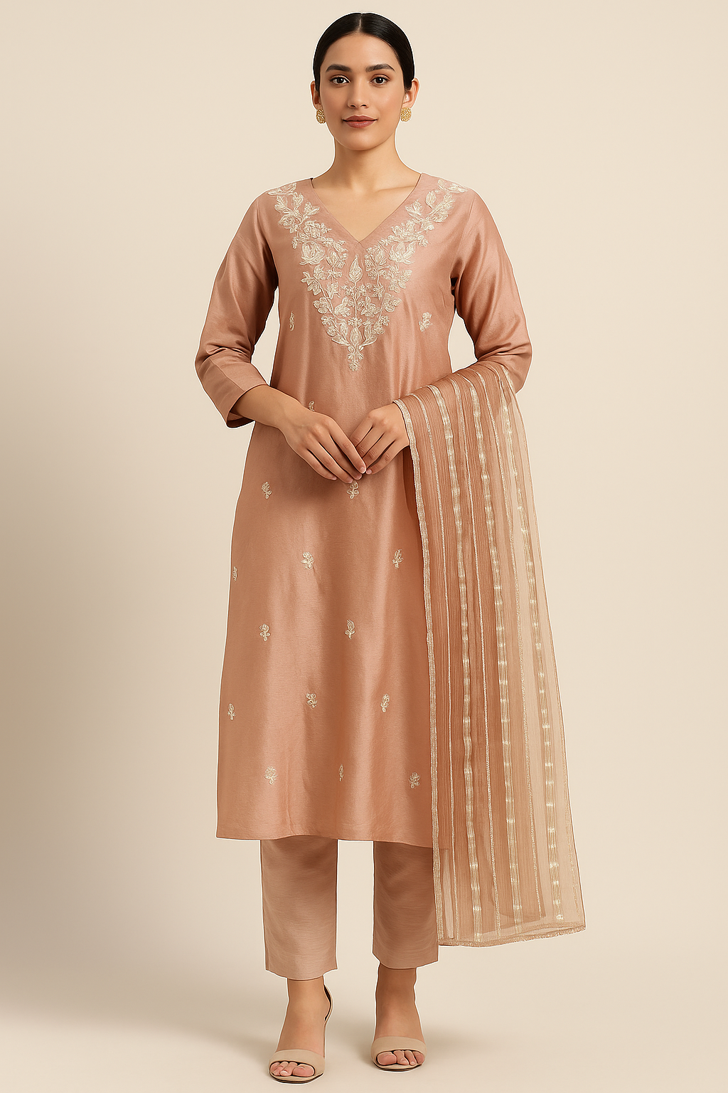 Nude Beige Embroidered Kurta Set with Dupatta