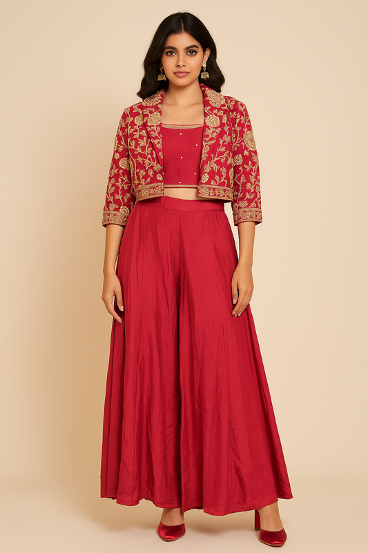 Rose Red Embroidered Indo-Western 3-Piece Set – Rose Red