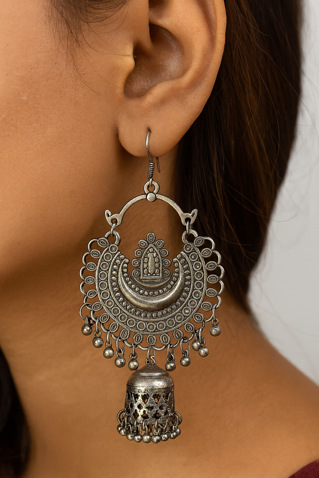 Oxidised Silver Crescent Jhumka Earrings
