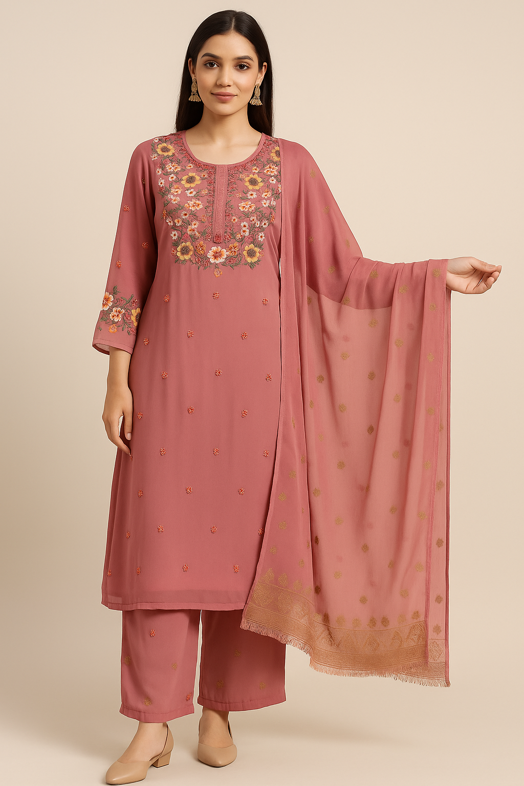 Woman wearing a pink embroidered outfit with a beige background